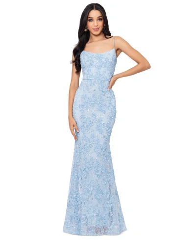 Xscape Women's Straight-neck Sleeveless Lace Gown In Blue
