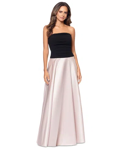 Xscape Women's Strapless Pleated-top Mixed-media Gown In Black,beige