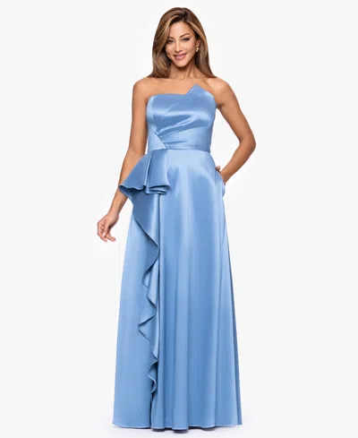 Xscape Women's Strapless Side Ruffle Satin Ball Gown In Blue