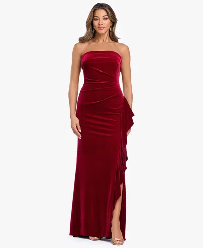 Xscape Women's Stretch Velvet Strapless Gown In Burgundy