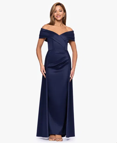 Xscape Women's Sweetheart Neck Double Collar Draped Long Dress In Blue