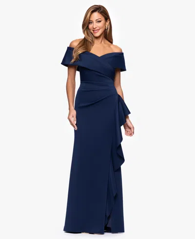 Xscape Women's Sweetheart Neck Side Ruffle Off-the-shoulder Long Dress In Blue