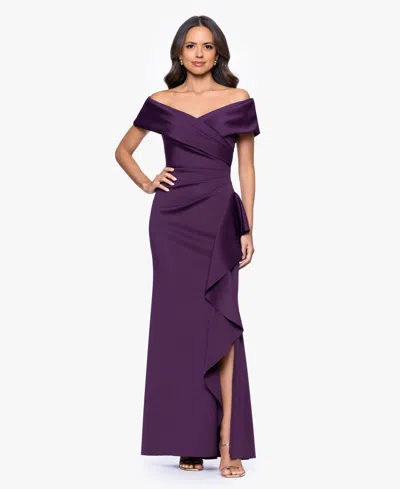 Xscape Women's Sweetheart Neck Side Ruffle Off-the-shoulder Long Dress In Purple