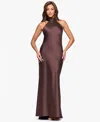 Xscape Women's Tie Neck Long Dress In Brown