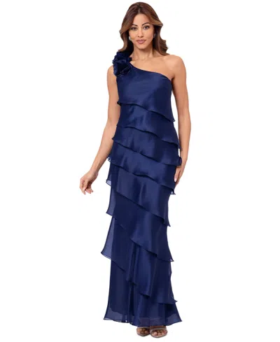 Xscape Women's Tiered Chiffon One-shoulder Dress In Navy