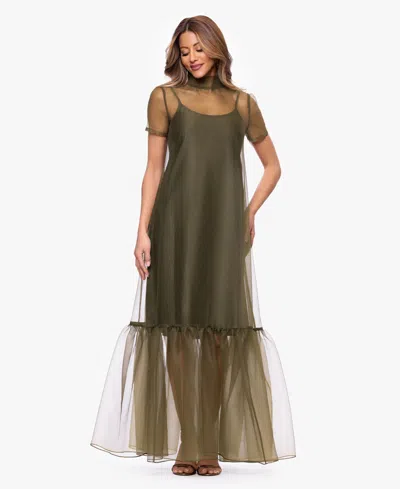 Xscape Women's Turtle Neck Organza Overlay Ball Gown In Green