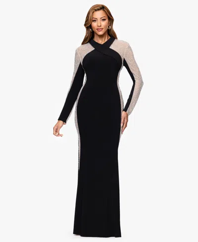 Xscape Women's V-neck Long Sleeve Dress In Black