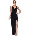 Xscape Women's V-neck Mesh-trim Sleeveless Gown In Black