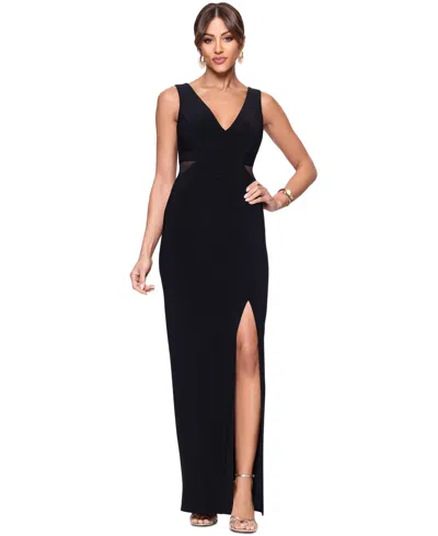 Xscape Women's V-neck Mesh-trim Sleeveless Gown In Black