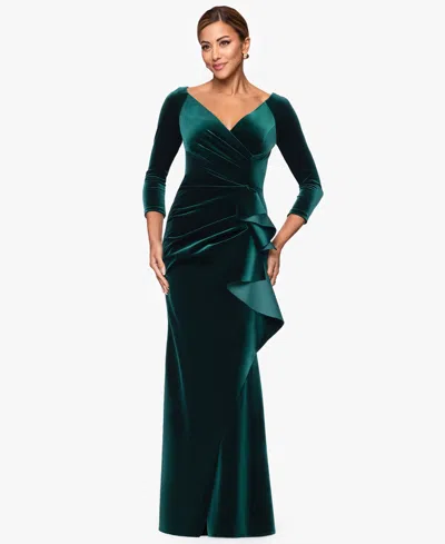 Xscape Women's V-neck Ruffle-front Long-sleeve Gown In Green