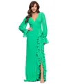 Xscape Women's V-neck Ruffle-trim Slit-front Chiffon Gown In Green