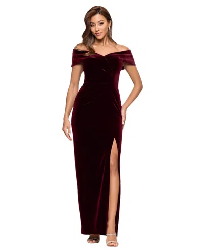 Xscape Women's Velvet Off-the-shoulder Leg-slit Gown In Burgundy