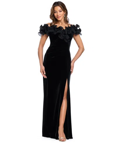 Xscape Women's Velvet Off-the-shoulder Ruffled Long Gown In Black