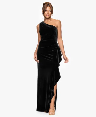 Xscape Women's Velvet One Shoulder Long Ruffle Dress In Black