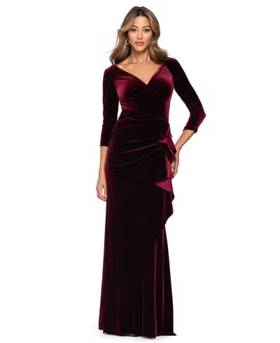 Xscape Women's Velvet V-neck Ruffle-front Long-sleeve Gown In Burgundy