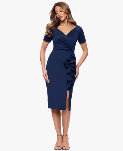 Xscape Women's V-neck Ruffle Detail Midi Dress In Blue