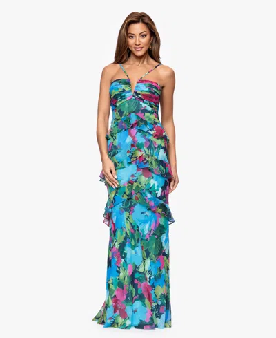 Xscape Women's V-neck Tiered Gown In Blue
