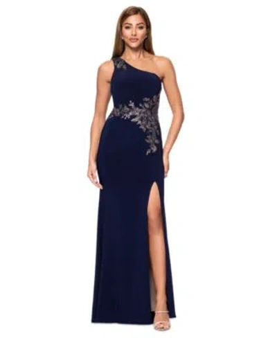 Xscape Womens Applique One Shoulder Gown In Blue