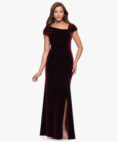 Xscape Womens Asymmetrical Neck Cap Sleeve Velvet Dress 4p 24w In Burgundy
