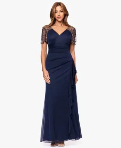 Xscape Womens Beaded V Neck Dress In Blue