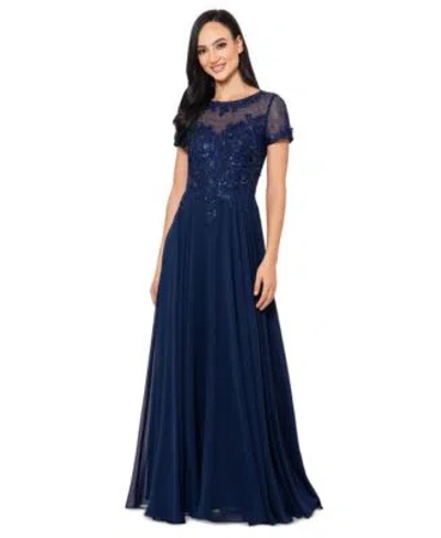 Xscape Womens Boat Neck Sequin Mesh Gown In Navy