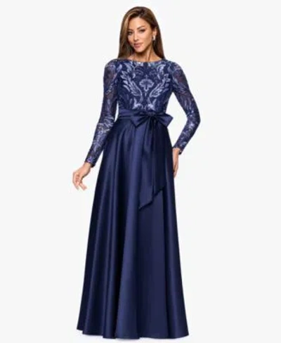Xscape Womens Boat Neck Sequin Mesh Long Ball Gown In Blue