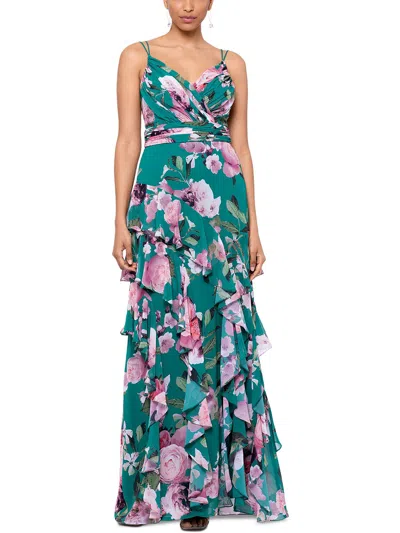 Xscape Womens Floral Tiered Evening Dress In Green