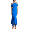 Xscape Evening Cold Shoulder Handkerchief Hem Scuba Crepe Gown In Blue