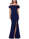 Xscape Off The Shoulder Ruffle Crepe Trumpet Gown In Blue