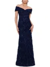Xscape Off The Shoulder Embroidered Gown In Blue