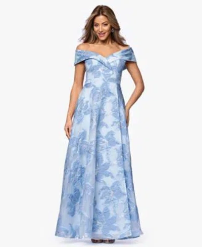Xscape Womens Long Jacquard Printed Off The Shoulder Ball Gown In Blue