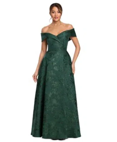 Xscape Womens Metallic Brocade Off The Shoulder Gown In Green