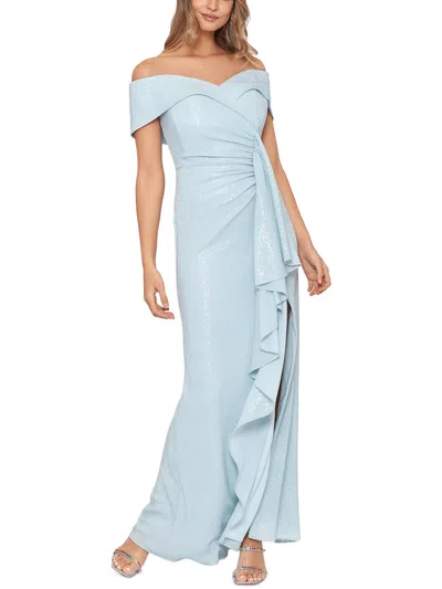 Xscape Womens Metallic Long Evening Dress In Blue