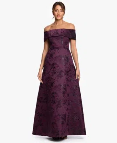 Xscape Womens Off The Shoulder Brocade Print Ball Gown In Plum