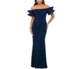 Xscape Ruffle Sleeve Off The Shoulder Scuba Crepe Sheath Gown In Blue