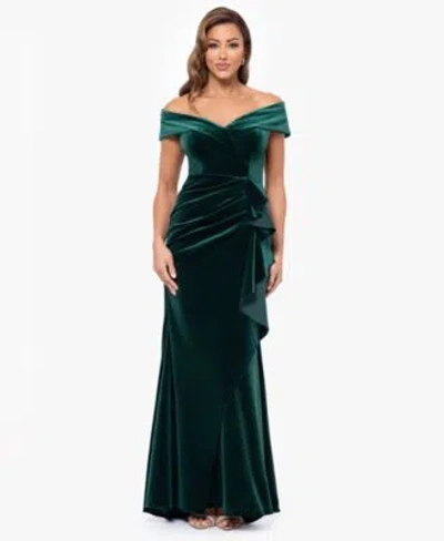 Xscape Womens Off The Shoulder Ruffle Velvet Dress In Navy