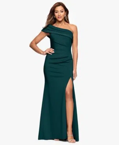 Xscape Womens One Shoulder Pleat Long Dress In Green