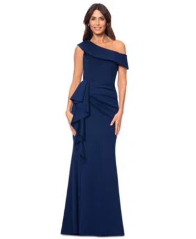 Xscape Womens One Shoulder Scuba Fit Flare Gown In Blue