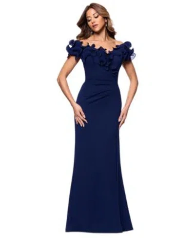 Xscape Womens Ruffled Off The Shoulder Crepe Gown In White