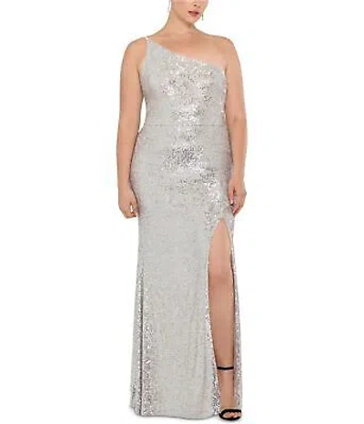 Pre-owned Xscape Womens Sequined One Shoulder Gown Dress In Gray