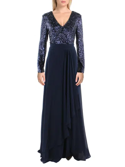 Xscape Womens Sequined V-neck Evening Dress In Blue