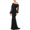 Xscape Petite Off-the-shoulder Floral-sleeve Gown In Black