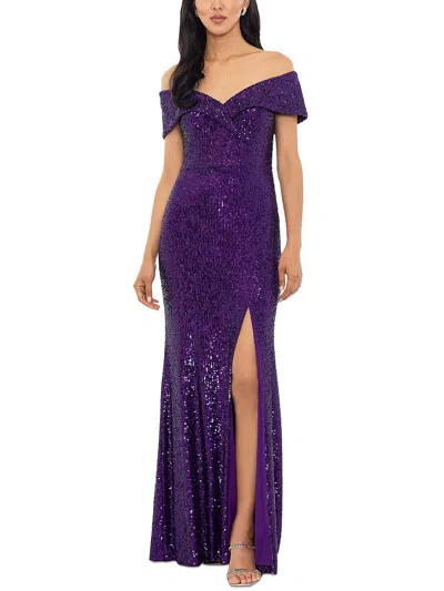 Xscape Women's Off-the-shoulder Side-slit Sequin Gown In Purple