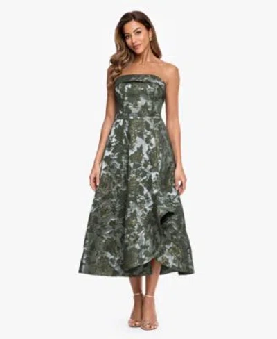 Xscape Womens Strapless Brocade Asymmetrical Hem Midi Dress In Green
