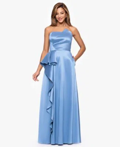 Xscape Womens Strapless Side Ruffle Satin Ball Gown In Blue