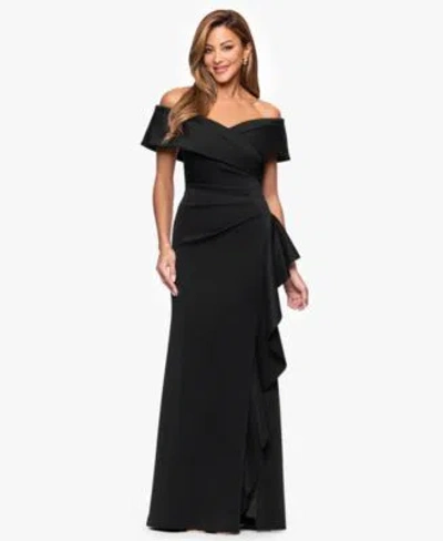 Xscape Womens Sweetheart Neck Side Ruffle Off The Shoulder Long Dress In Plum