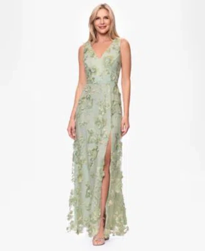 Xscape Womens V Neck 3d Embroidered Gown In Green