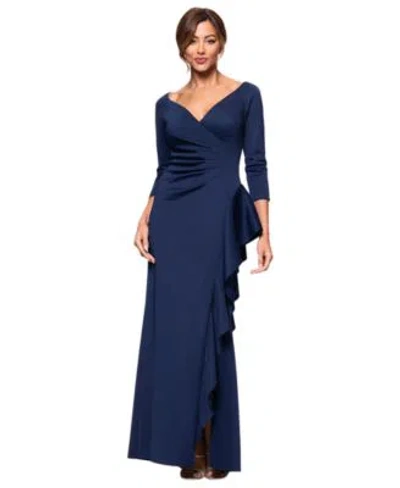 Xscape Womens V Neck Ruffled Side Slit Scuba Gown In Wine