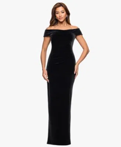 Xscape Womens Velvet Off The Shoulder Ruched Waist Long Dress 2p 16 In Black