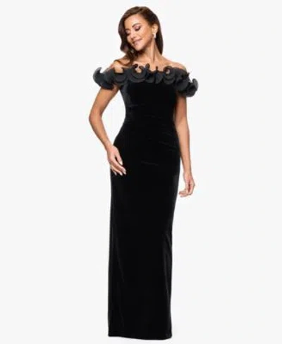 Xscape Womens Velvet Off The Shoulder Ruffle Dress 4p 16 In Black